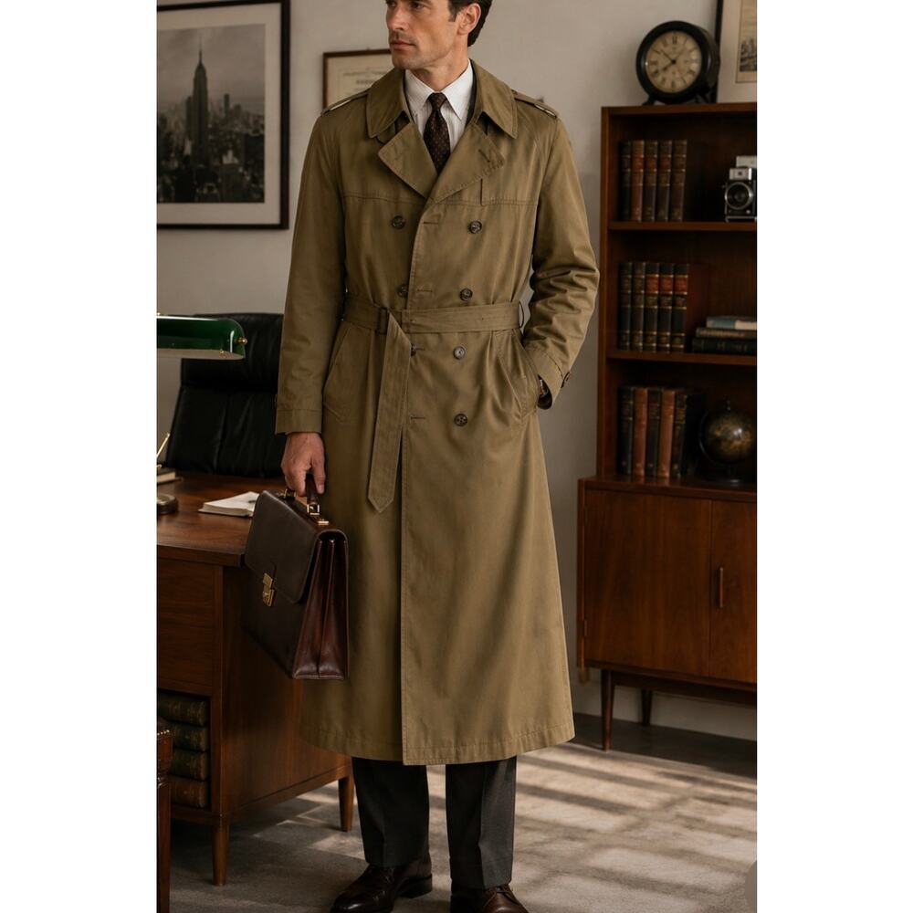 Vintage London fog trench coat with wool liner tie belt olive green size L 42
